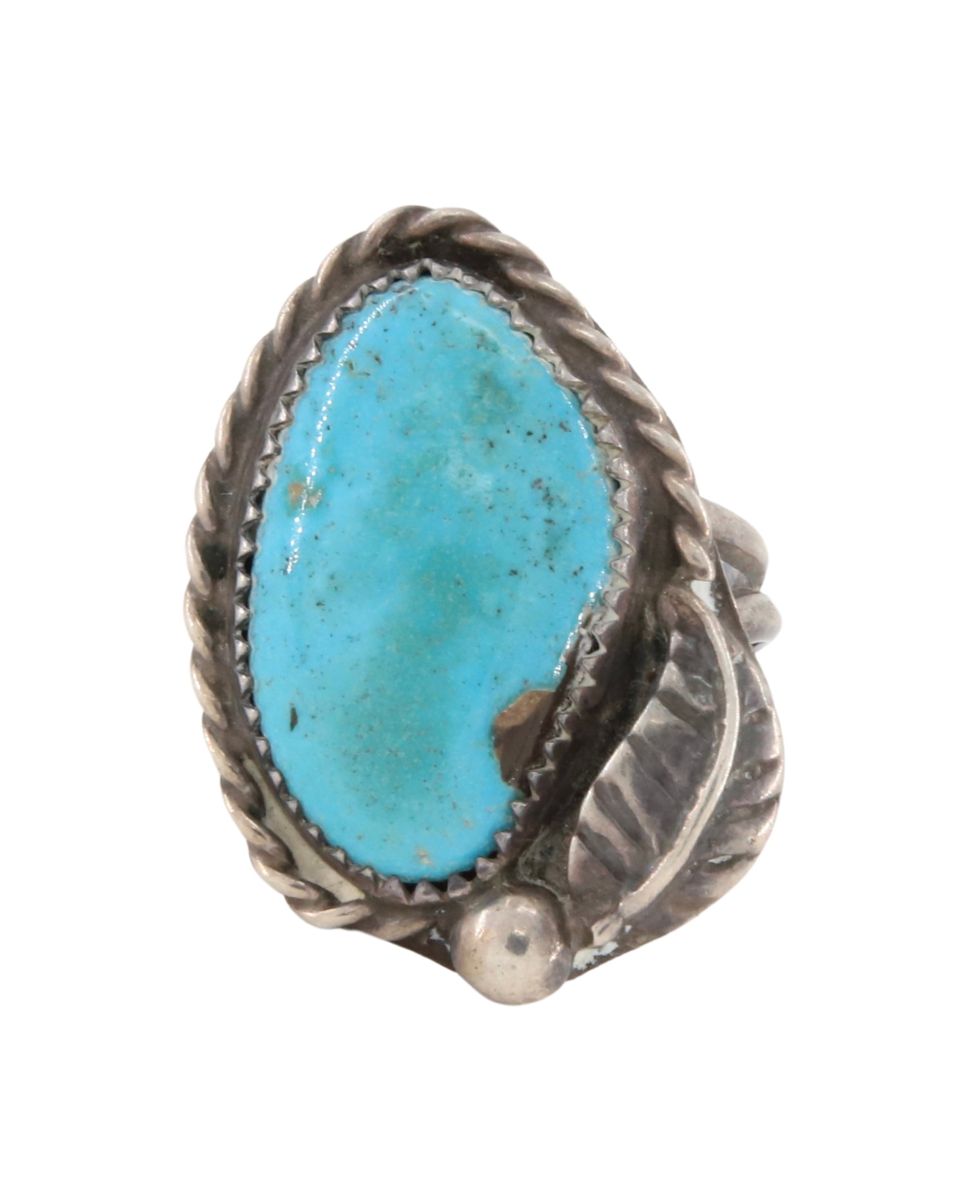 Turquoise, Sterling Silver Oval Ring with Leaf.