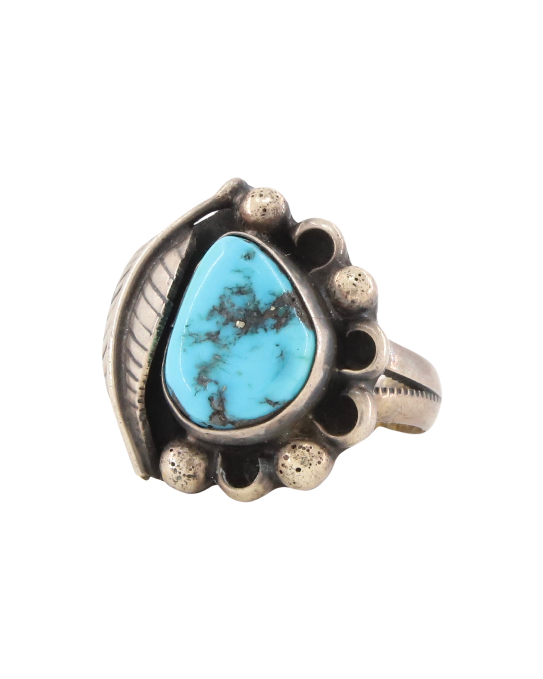 Turquoise Sterling Flower w Leaf Ring Sz 7