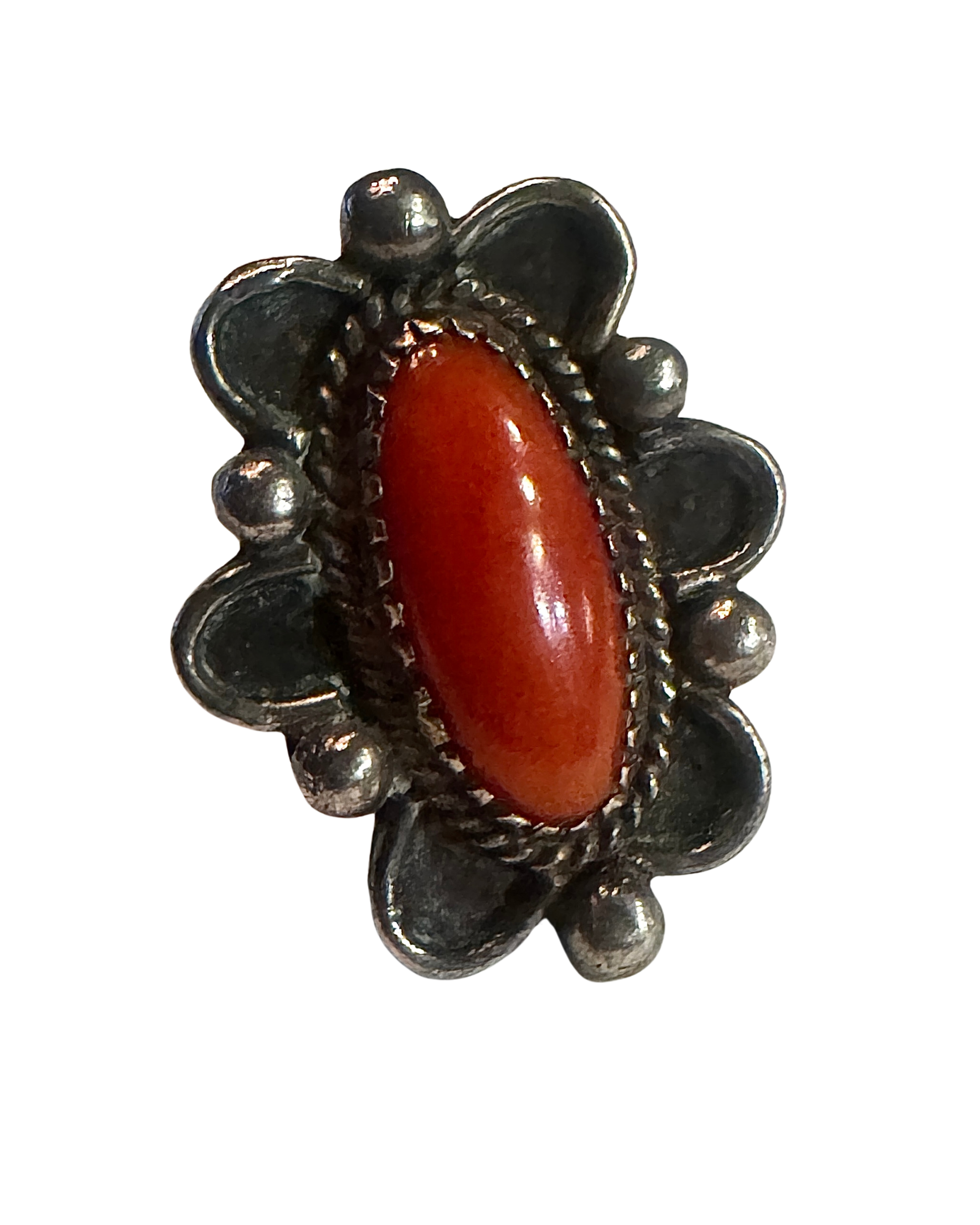Sterling Silver +  Red Coral Ring - Native American c. 1970s - Size 7