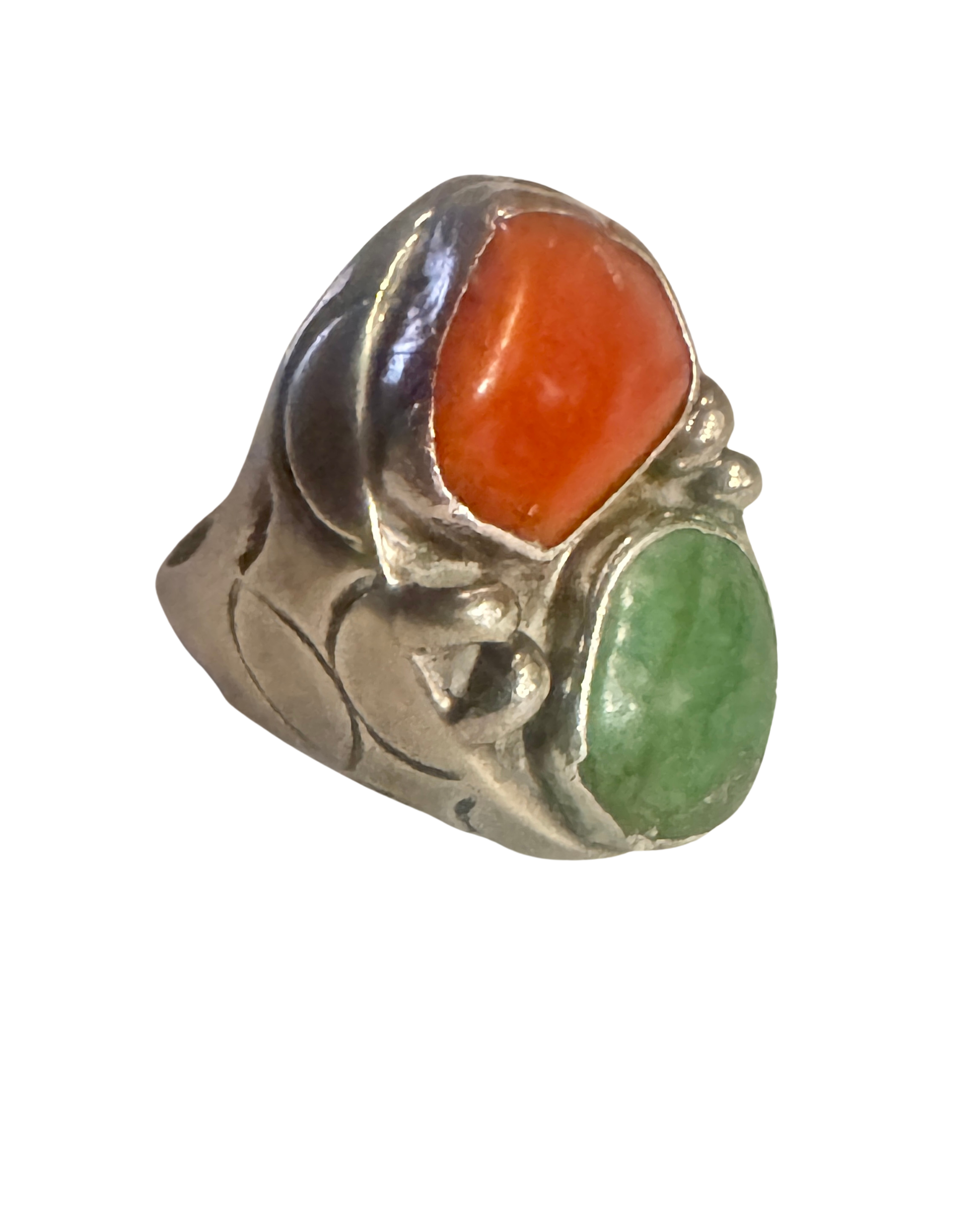 Sterling Silver, Green Turquoise  + Red Coral Ring - Native American c. 1960s - Size 10
