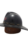 Opposite side view of high-comb fireman’s helmet.