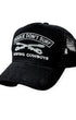 Black cap with 'Charlie Don't Surf' and 'Surfing Cowboys' text on a white background