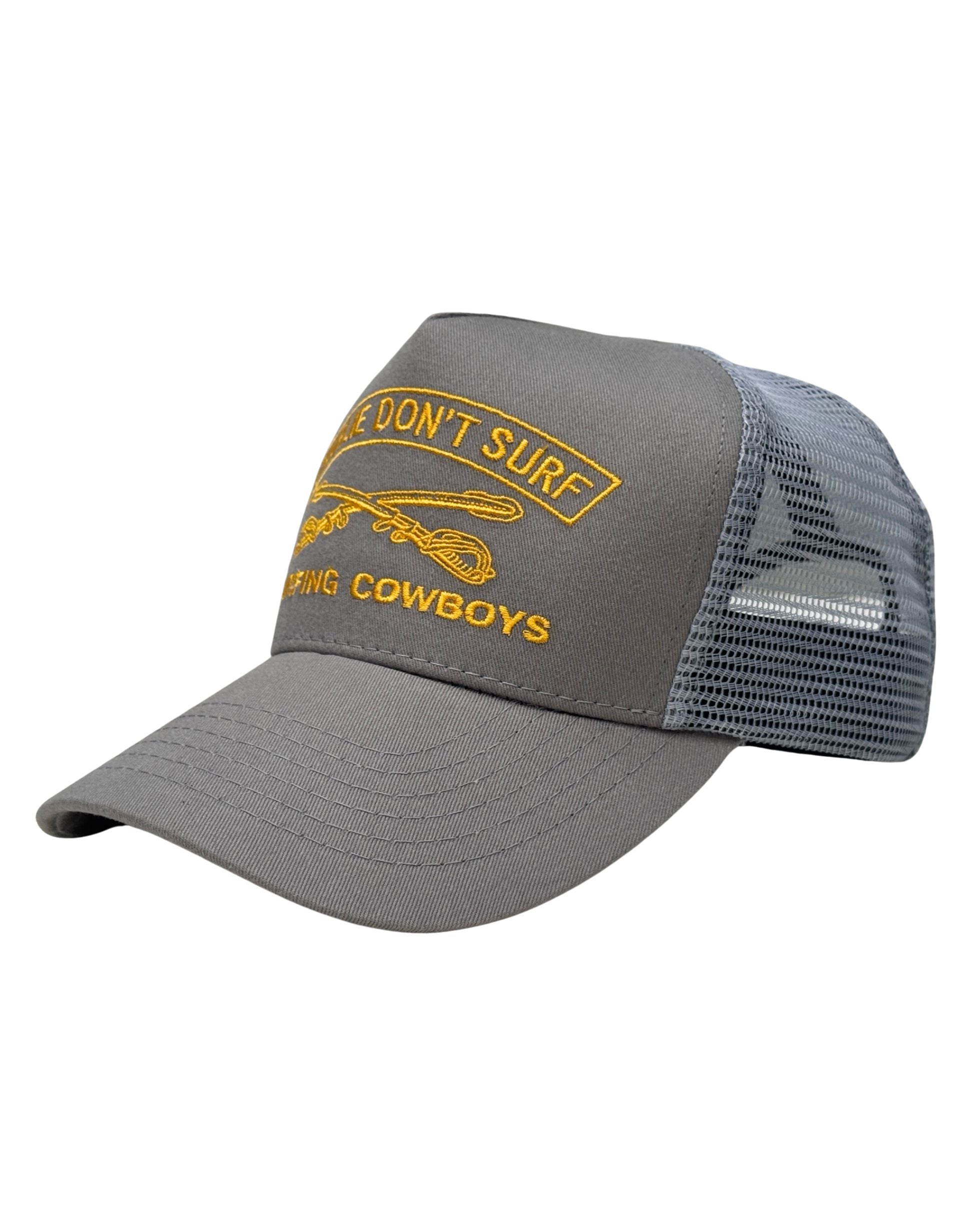 Charlie Don’t Surf Trucker Hat – Dolphin Grey with Gold Embroidery