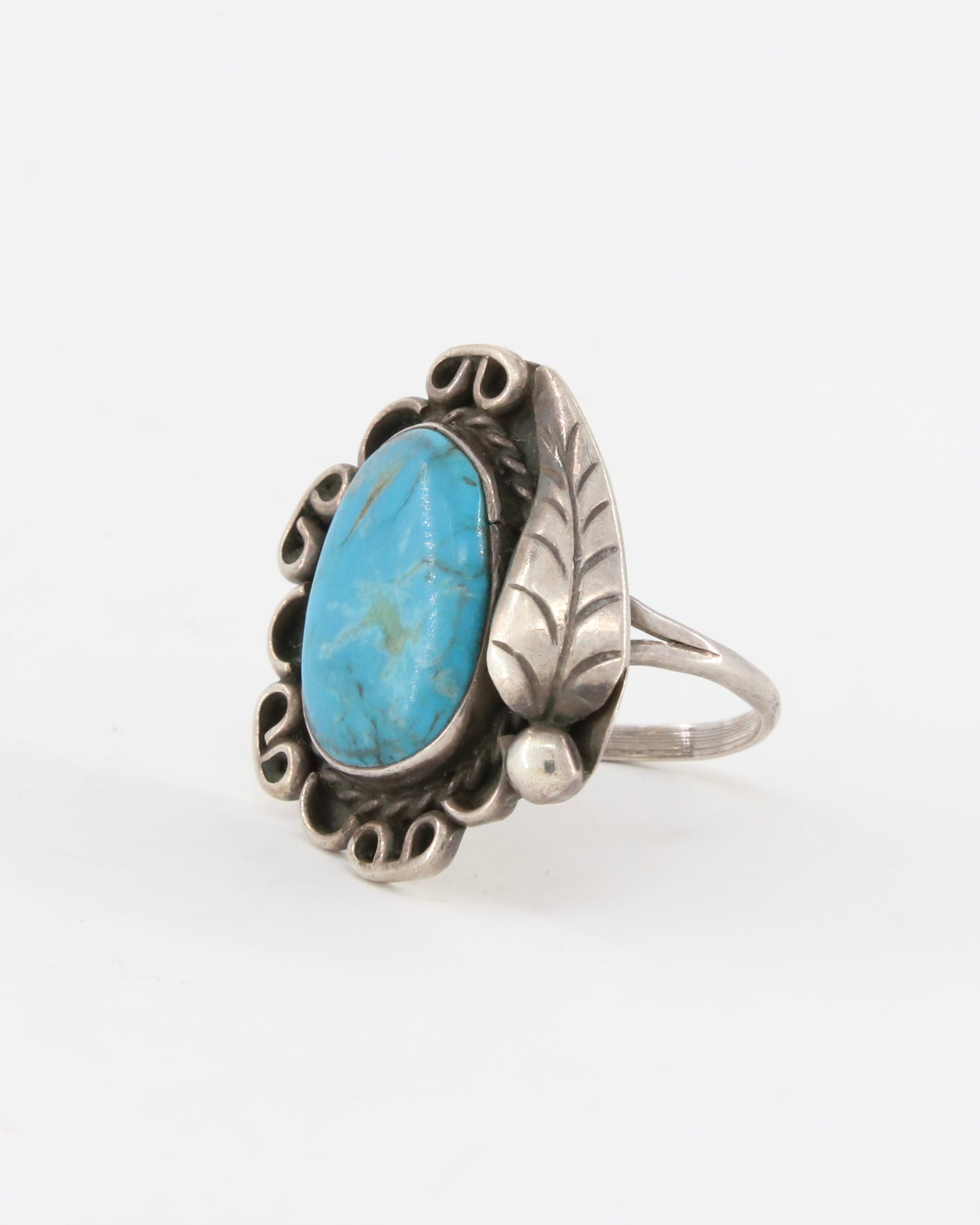 Sterling Flower Setting Ring w Leaf + Turquoise sz 8