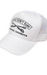 White cap with 'Charlie Don't Surf' and 'Surfing Cowboys' text on a white background