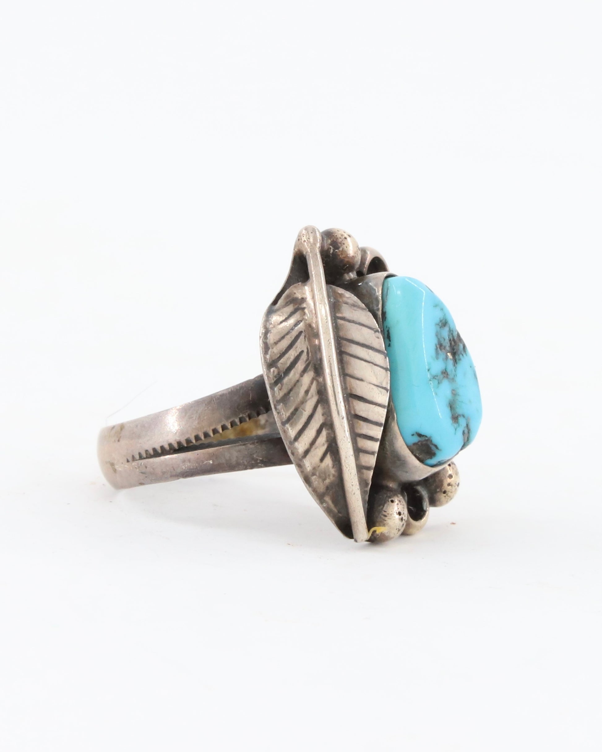Turquoise Sterling Flower w Leaf Ring Sz 7