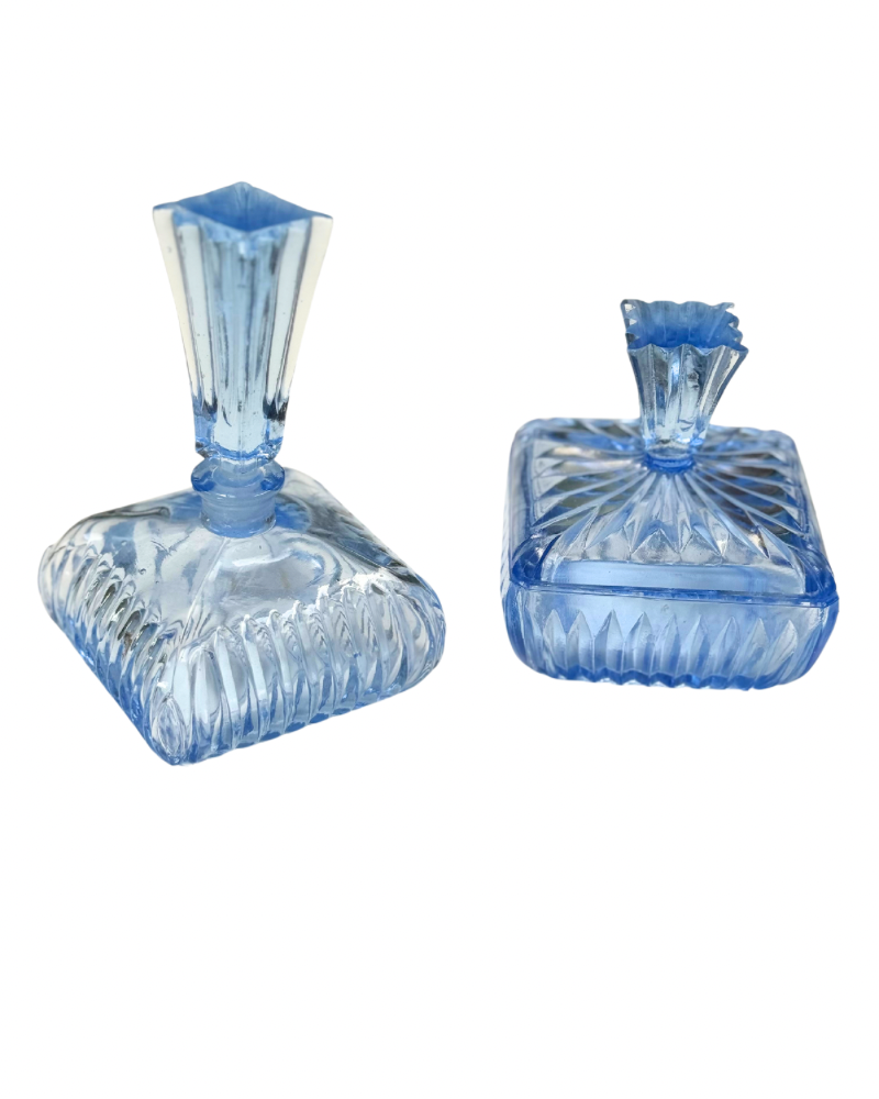 Set of 2 Vintage Perfume and Powder Bottles 1950s Blue Glass USA