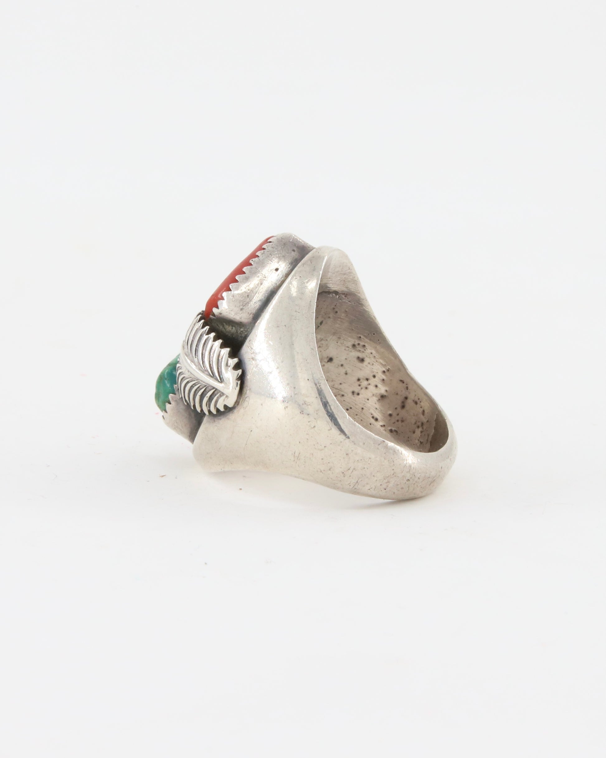 Sterling Coral Turquoise 2 Leaves Ring sz 10