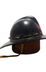 Side view of black vintage firefighter helmet with chin strap.