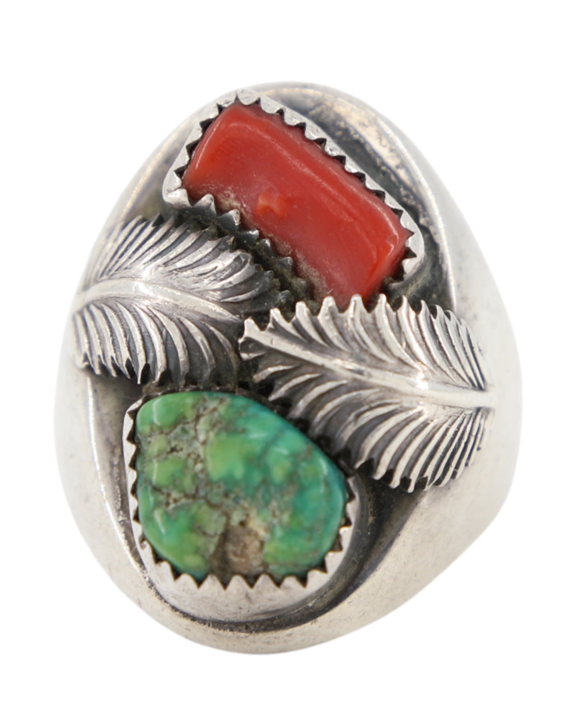 Sterling Coral Turquoise 2 Leaves Ring sz 10
