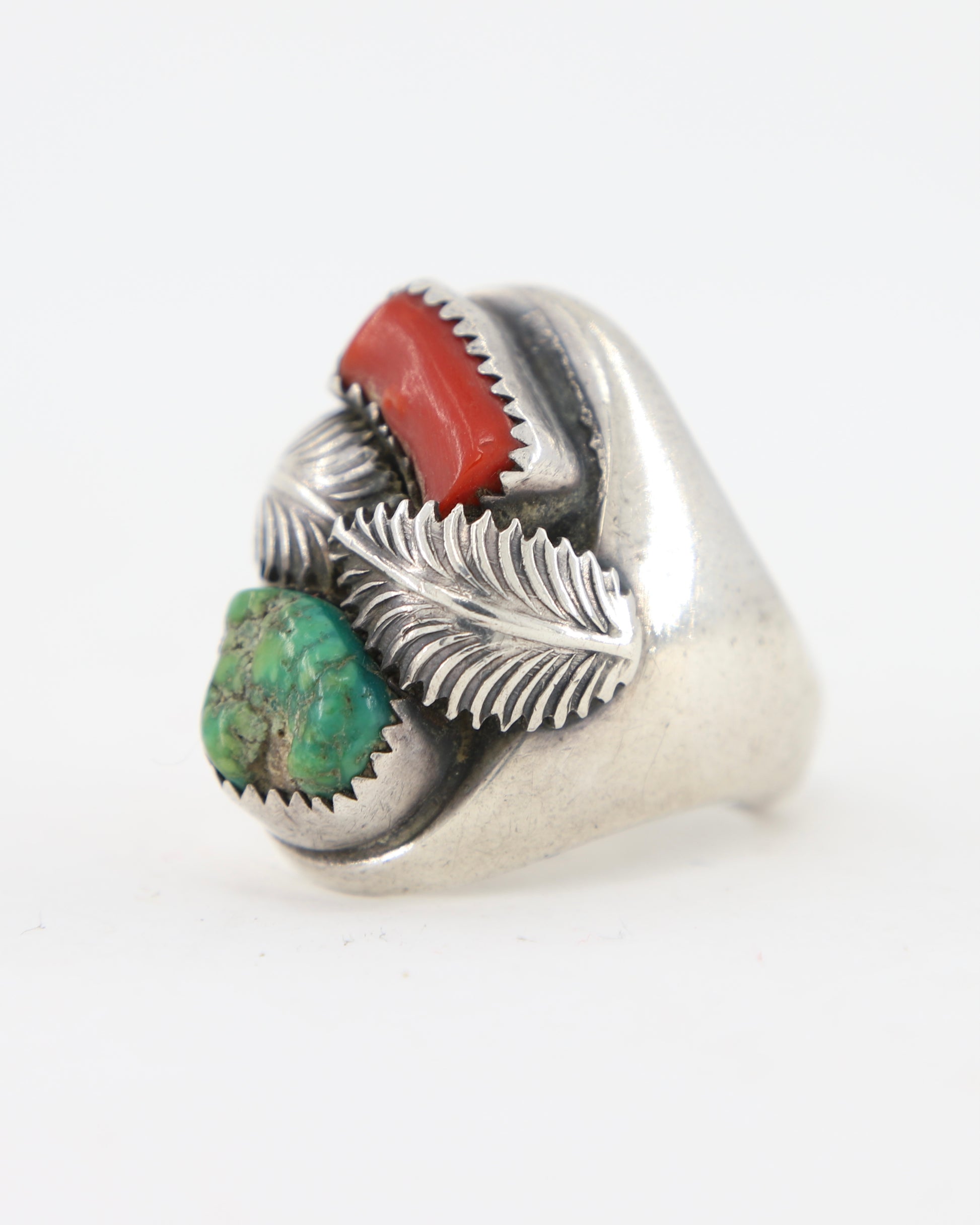 Sterling Coral Turquoise 2 Leaves Ring sz 10