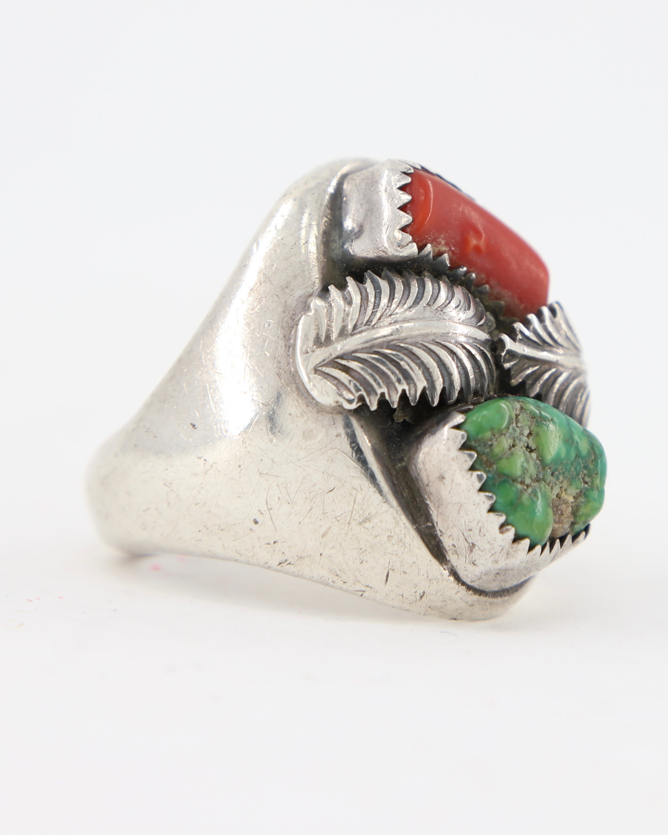 Sterling Coral Turquoise 2 Leaves Ring sz 10