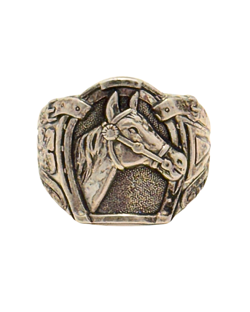 Horse Head Ring Sterling on white background.