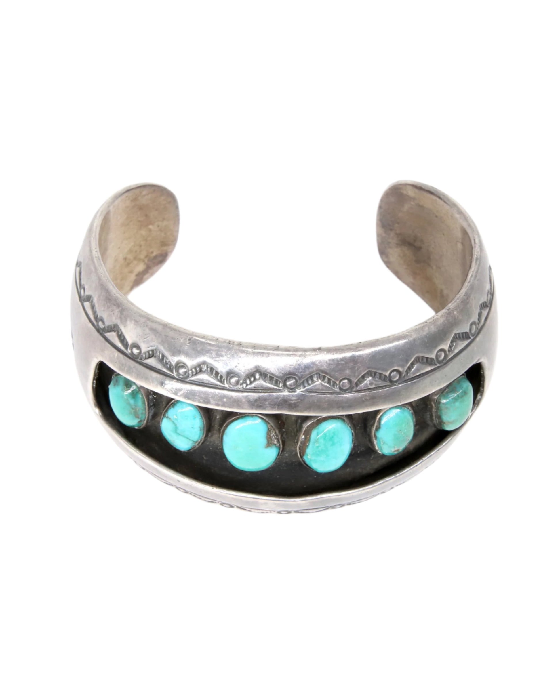 6 Turquoise Stones Sterling Navajo Cuff Bracelet Top View