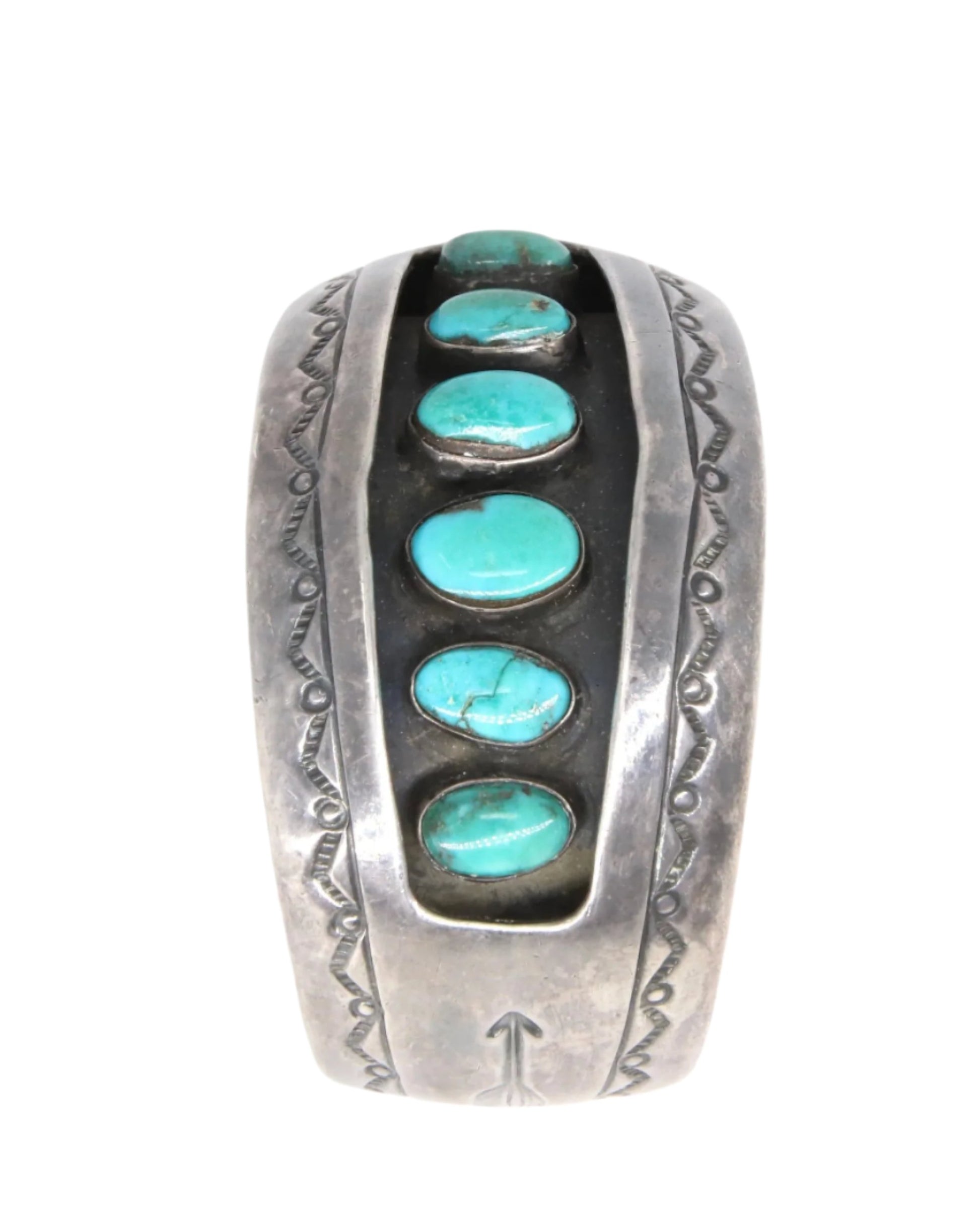 6 Turquoise Stones Sterling Navajo Cuff Bracelet Vertical View