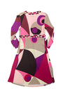 Emilio Pucci 1990s geometric print dress back, pink plum cream long sleeve size 8.