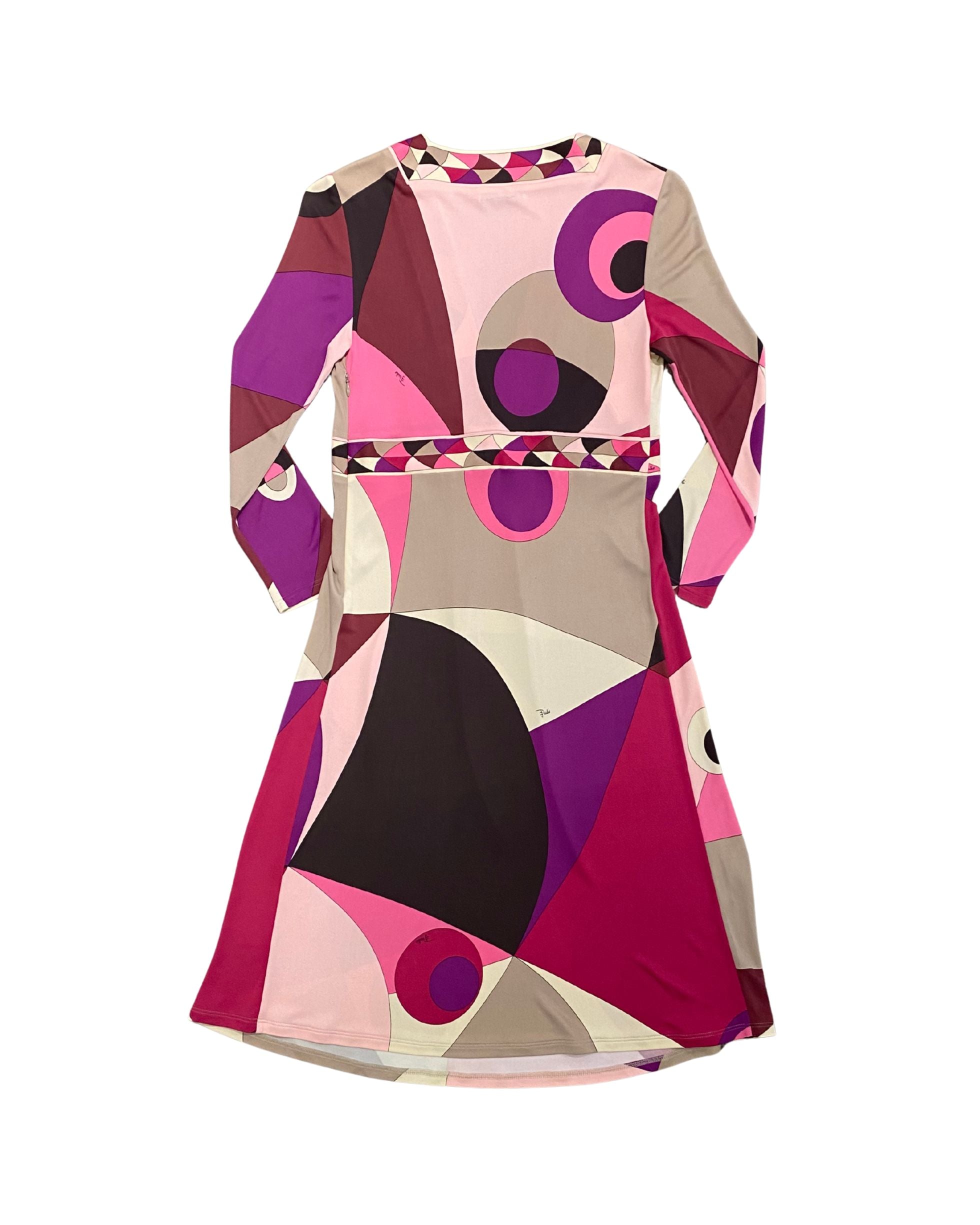 Emilio Pucci 1990s geometric print dress back, pink plum cream long sleeve size 8.