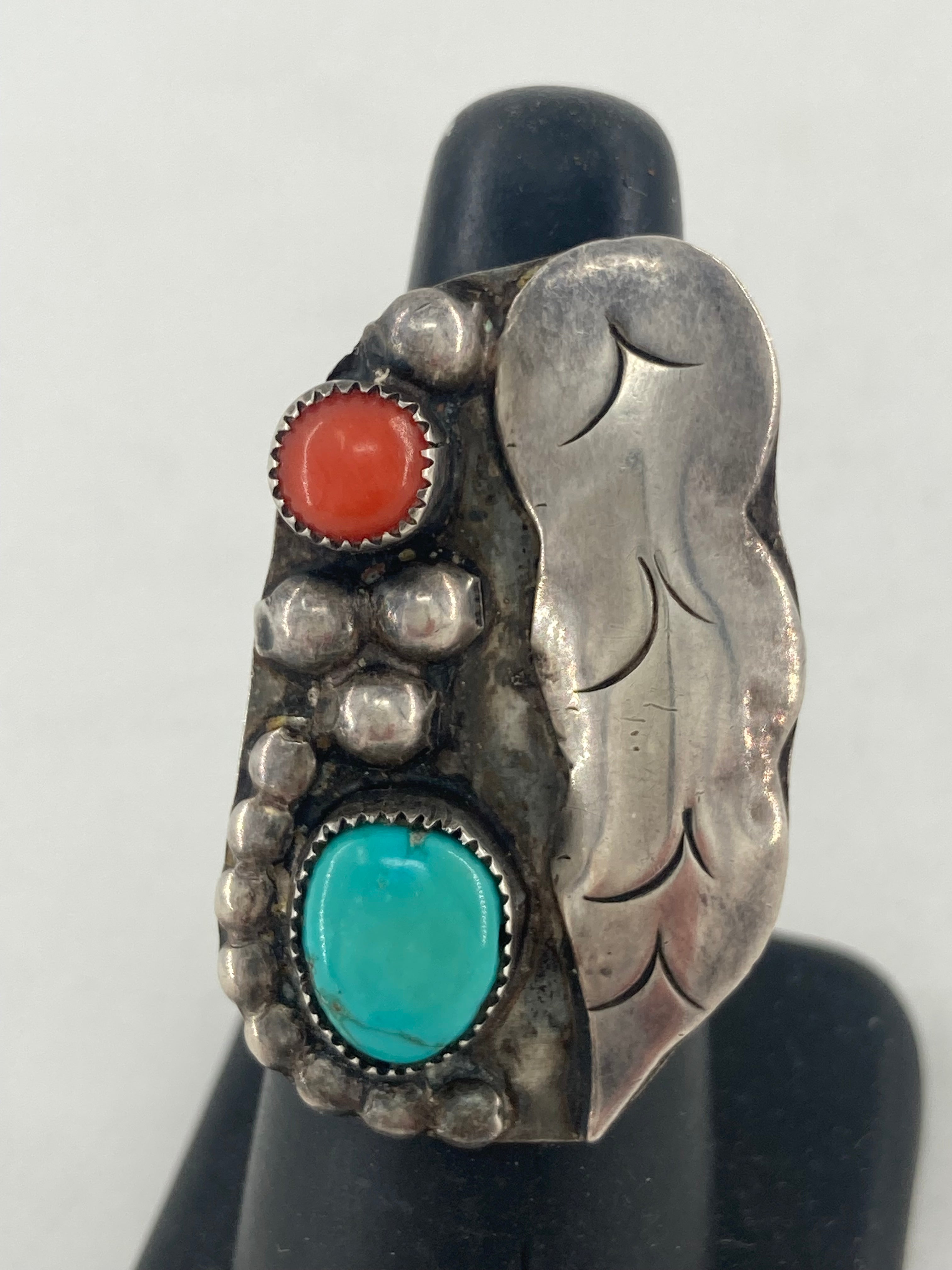 Sterling Turquoise + Coral Oblong Ring w Leaf size 5