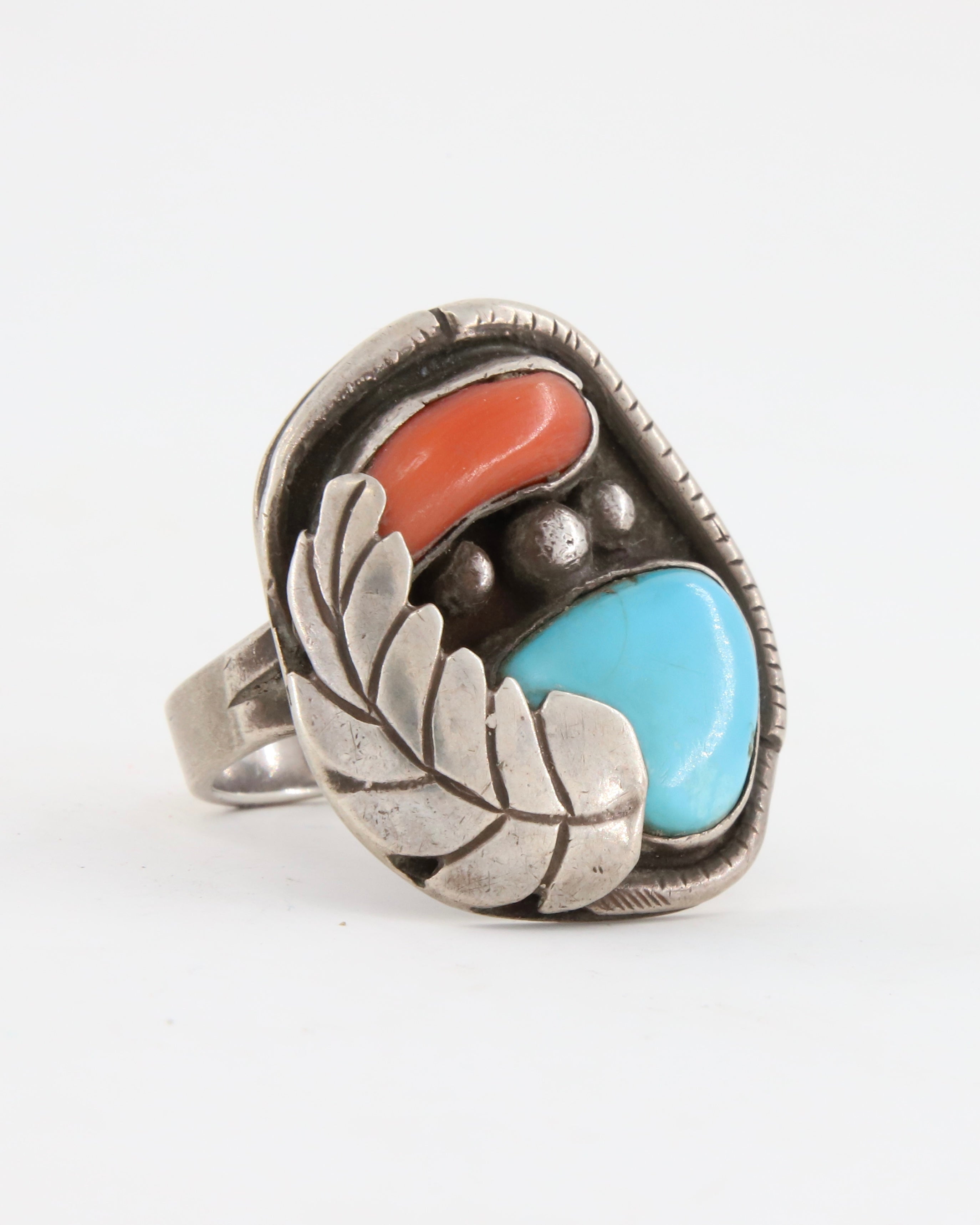 Sterling Turquoise Coral Oversize Ring with Leaf and Dots sz 11.5