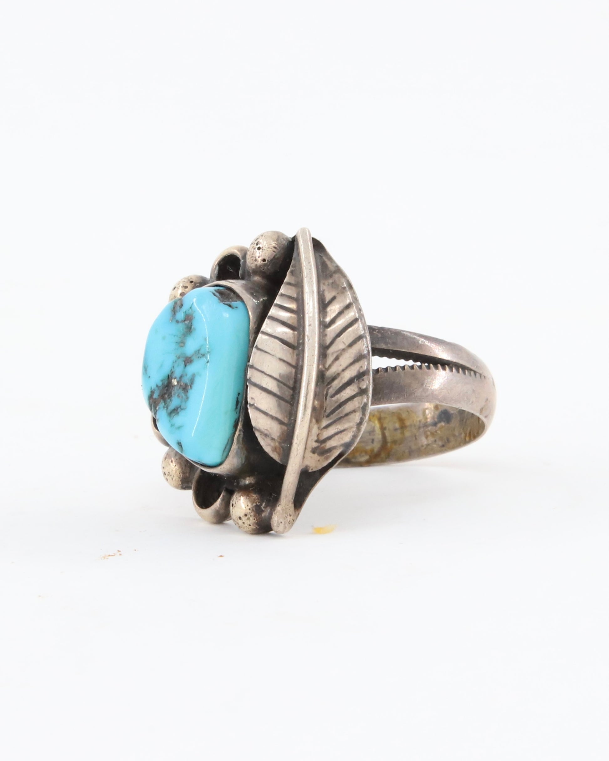 Turquoise Sterling Flower w Leaf Ring Sz 7