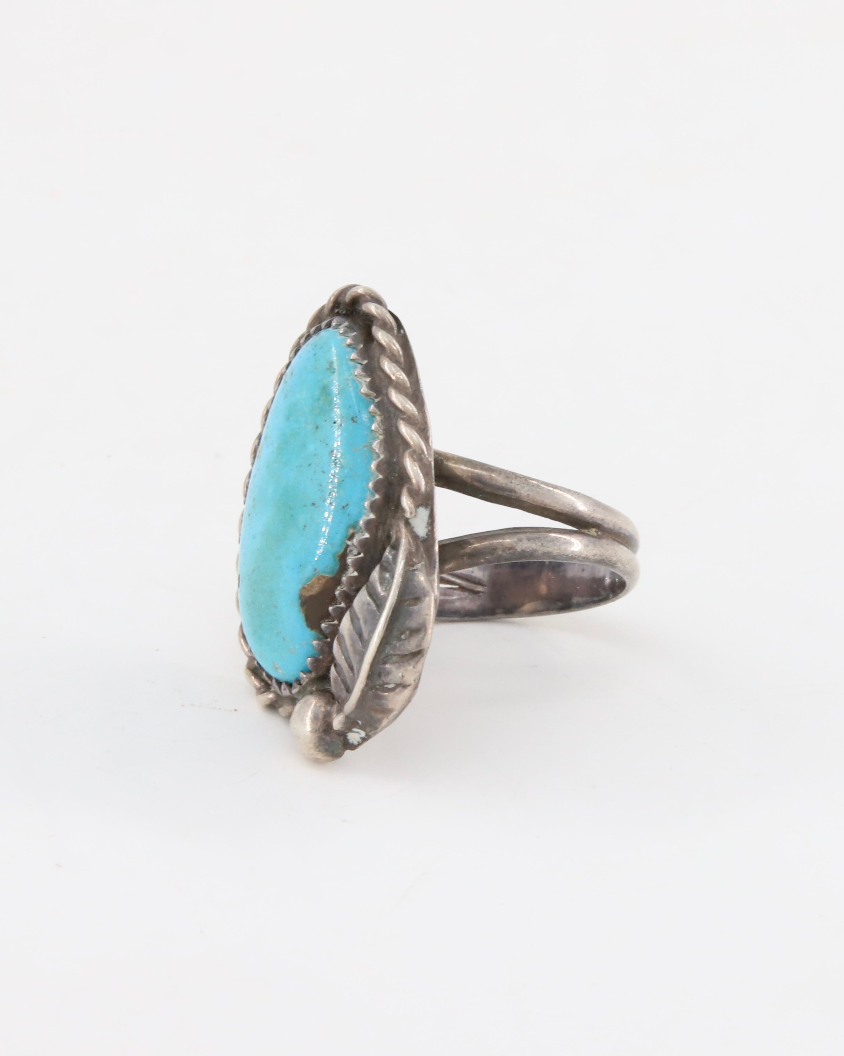 Sterling Flower Setting Ring w Leaf + Turquoise sz 8