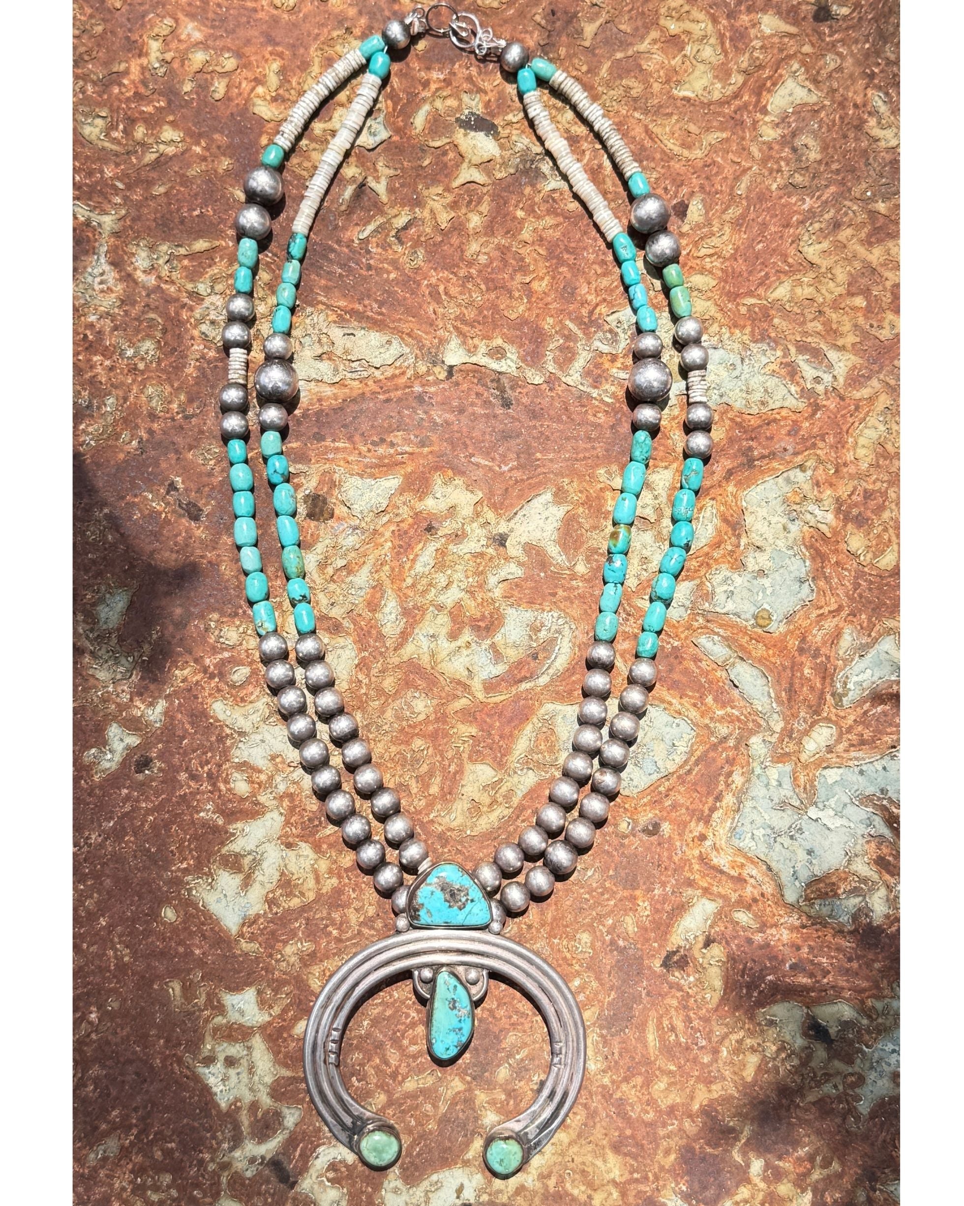 Sterling Silver Naja Necklace with Vintage Turquoise and Silver Beads