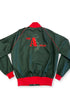 Back view of a 1980s The A-Team crew jacket in deep green with red trim and an embroidered Vietnam-map graphic.