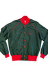 Front view of a 1980s The A-Team crew jacket in deep green with red trim and Sheila chest embroidery.