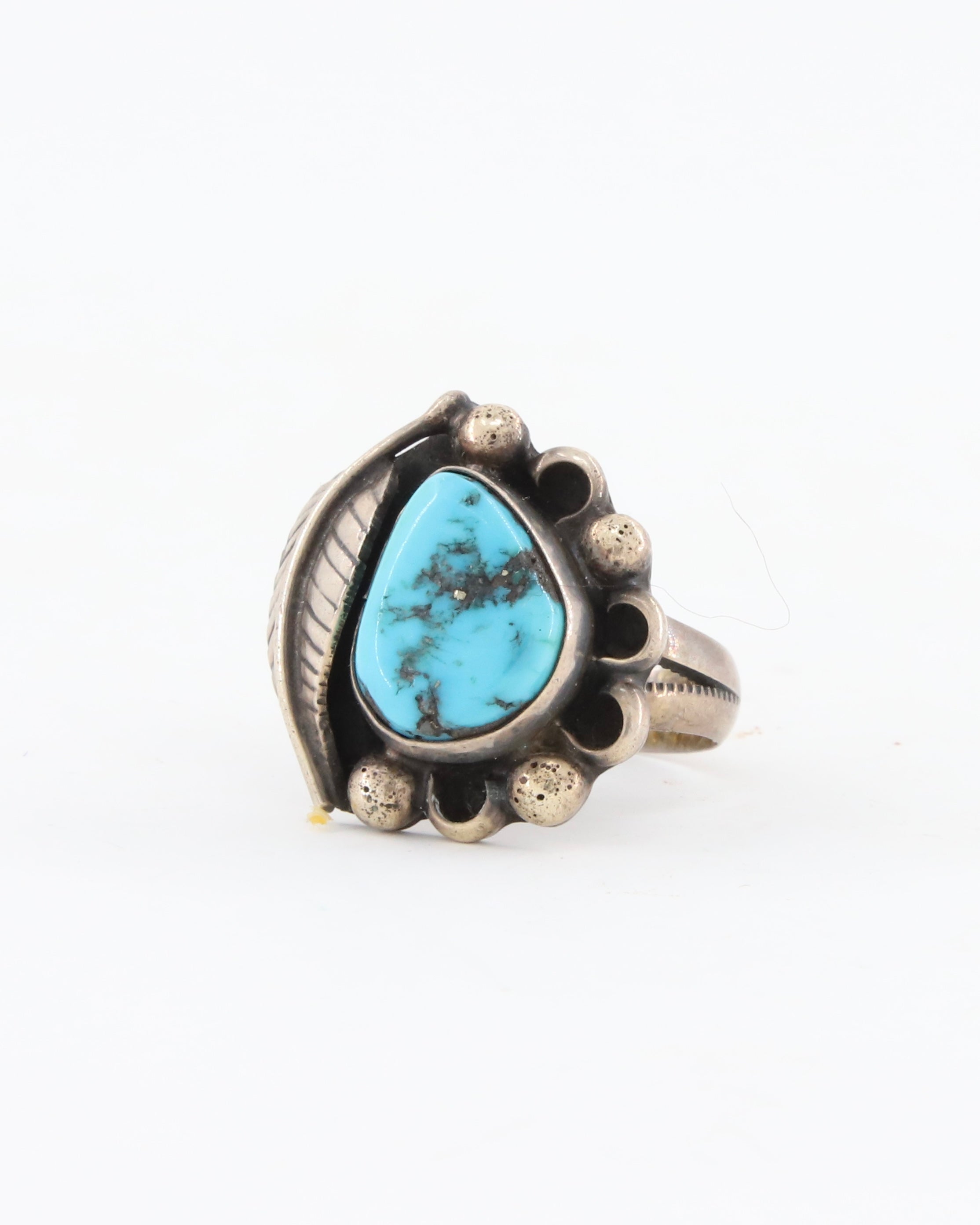 Turquoise Sterling Flower w Leaf Ring Sz 7