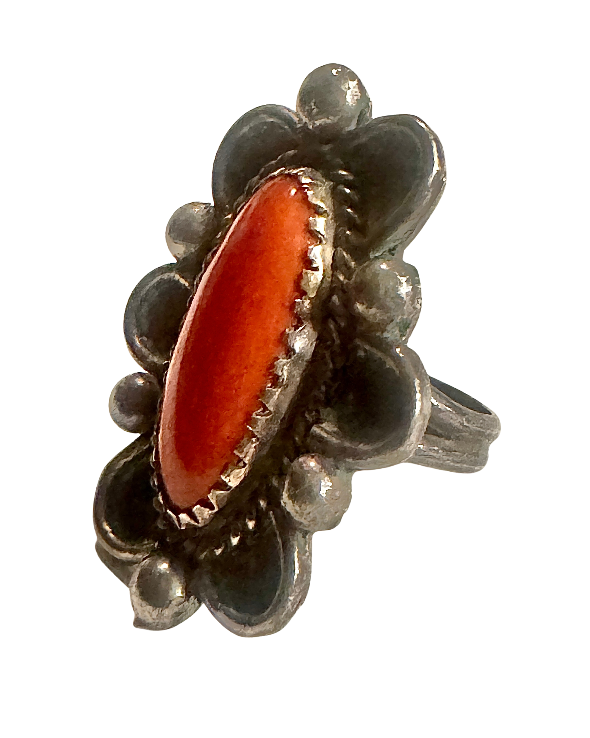 Sterling Silver +  Red Coral Ring - Native American c. 1970s - Size 7