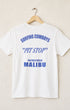 Back view of Surfing Cowboys A.C.E. classic T-shirt in vintage white with Air Cooled Euro car graphic and Malibu Pit Stop back print.