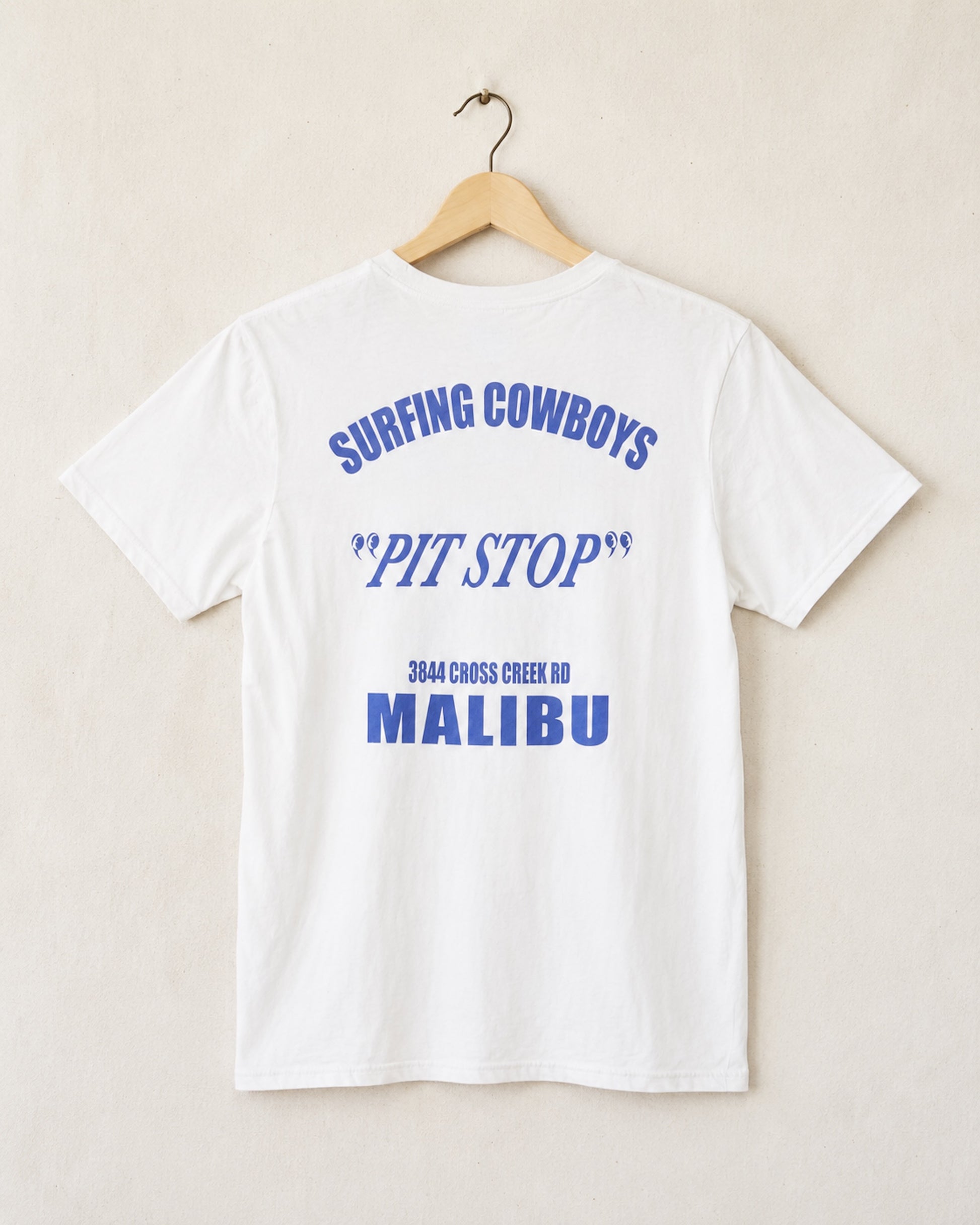 Back view of Surfing Cowboys A.C.E. classic T-shirt in vintage white with Air Cooled Euro car graphic and Malibu Pit Stop back print.