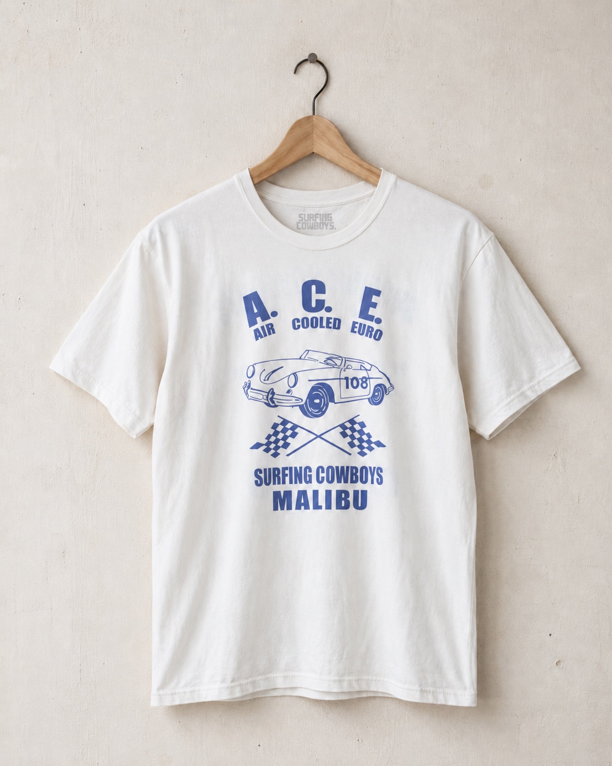 Front view of Surfing Cowboys A.C.E. classic T-shirt in vintage white with Air Cooled Euro car graphic and Malibu Pit Stop back print.