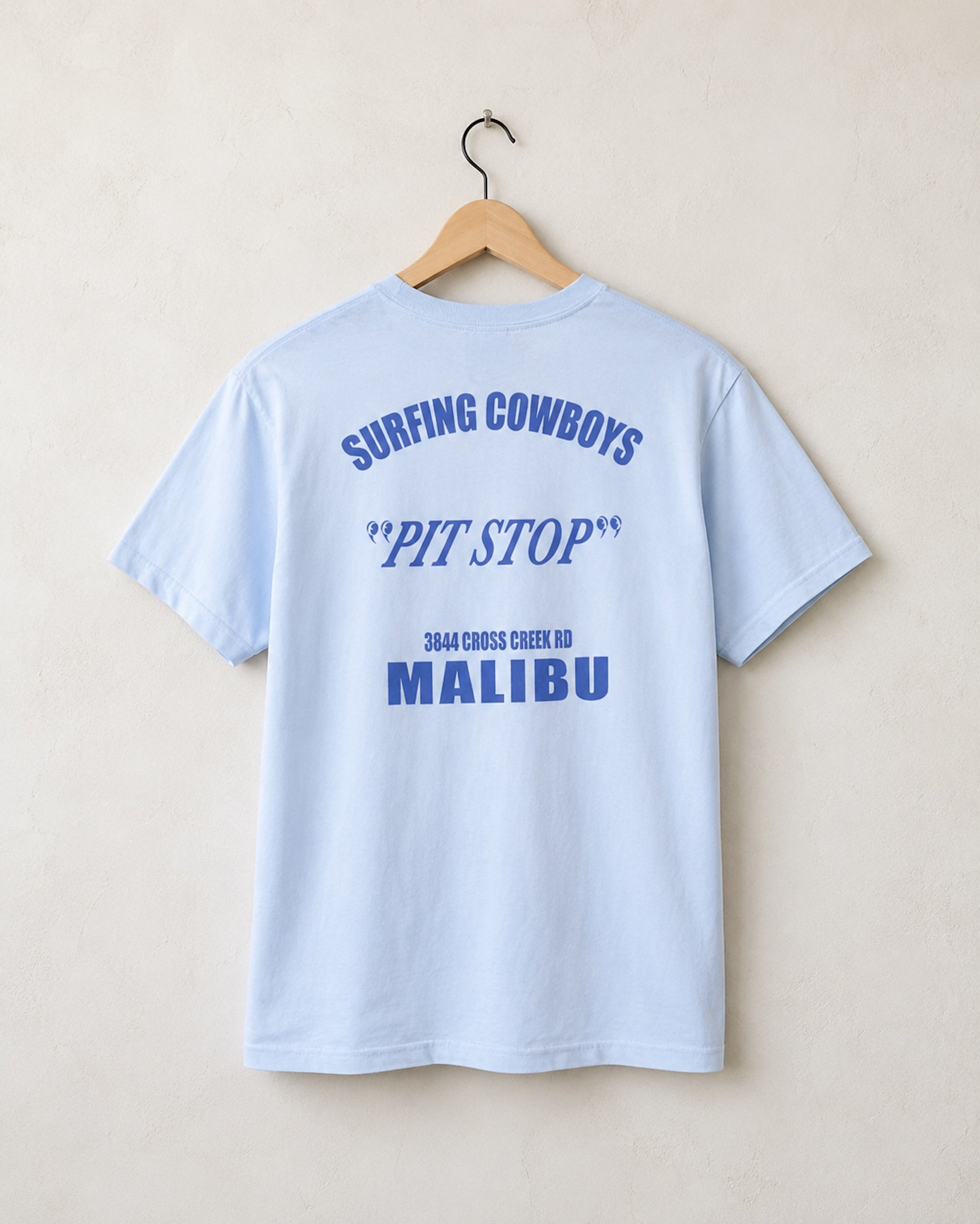 Back view of Surfing Cowboys A.C.E. classic T-shirt in [color] with Air Cooled Euro car graphic and Malibu Pit Stop back print.