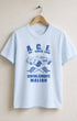 Front of Surfing Cowboys A.C.E. classic T-shirt in dusty blue with Air Cooled Euro car graphic and Malibu Pit Stop back print.