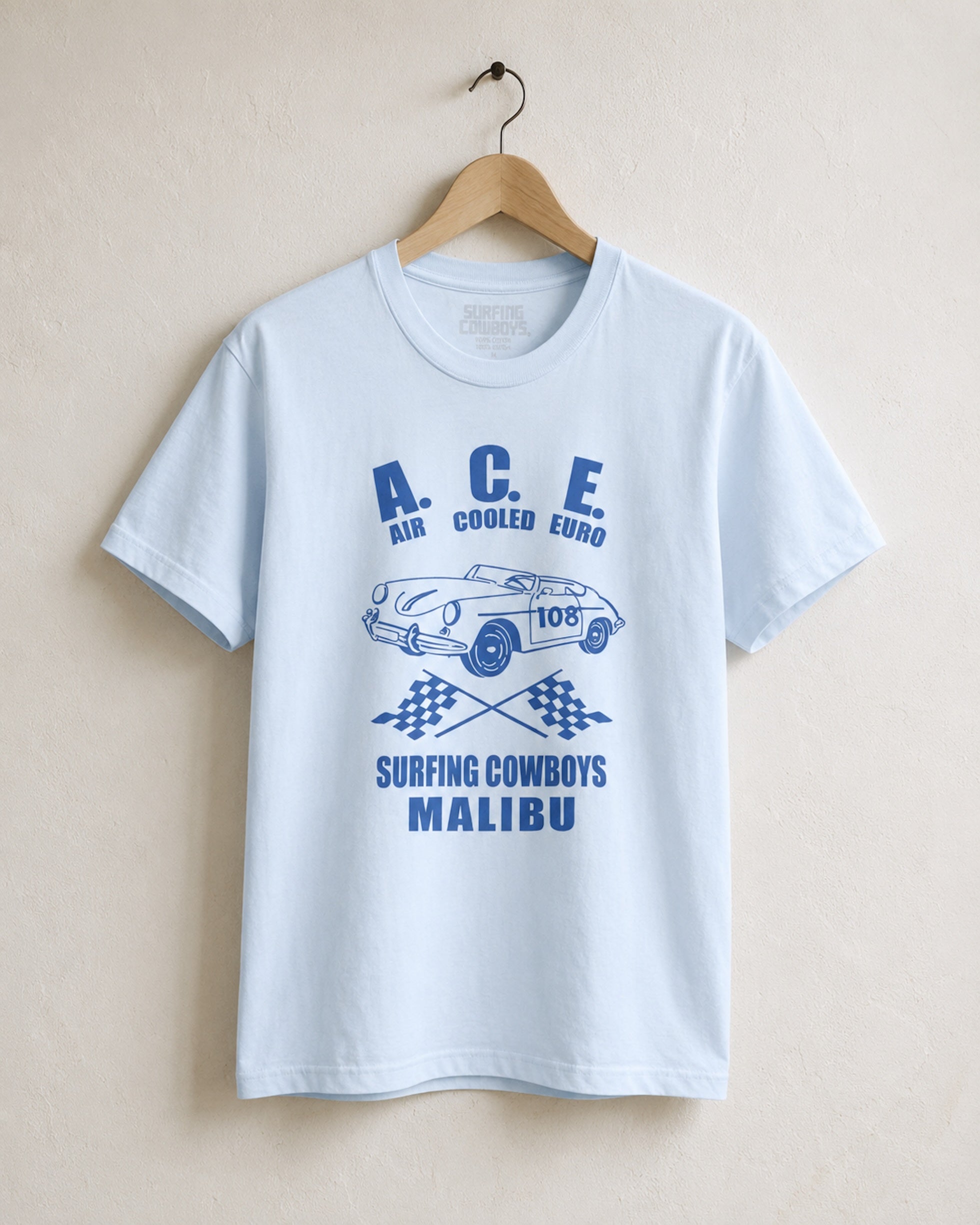 Front of Surfing Cowboys A.C.E. classic T-shirt in dusty blue with Air Cooled Euro car graphic and Malibu Pit Stop back print.