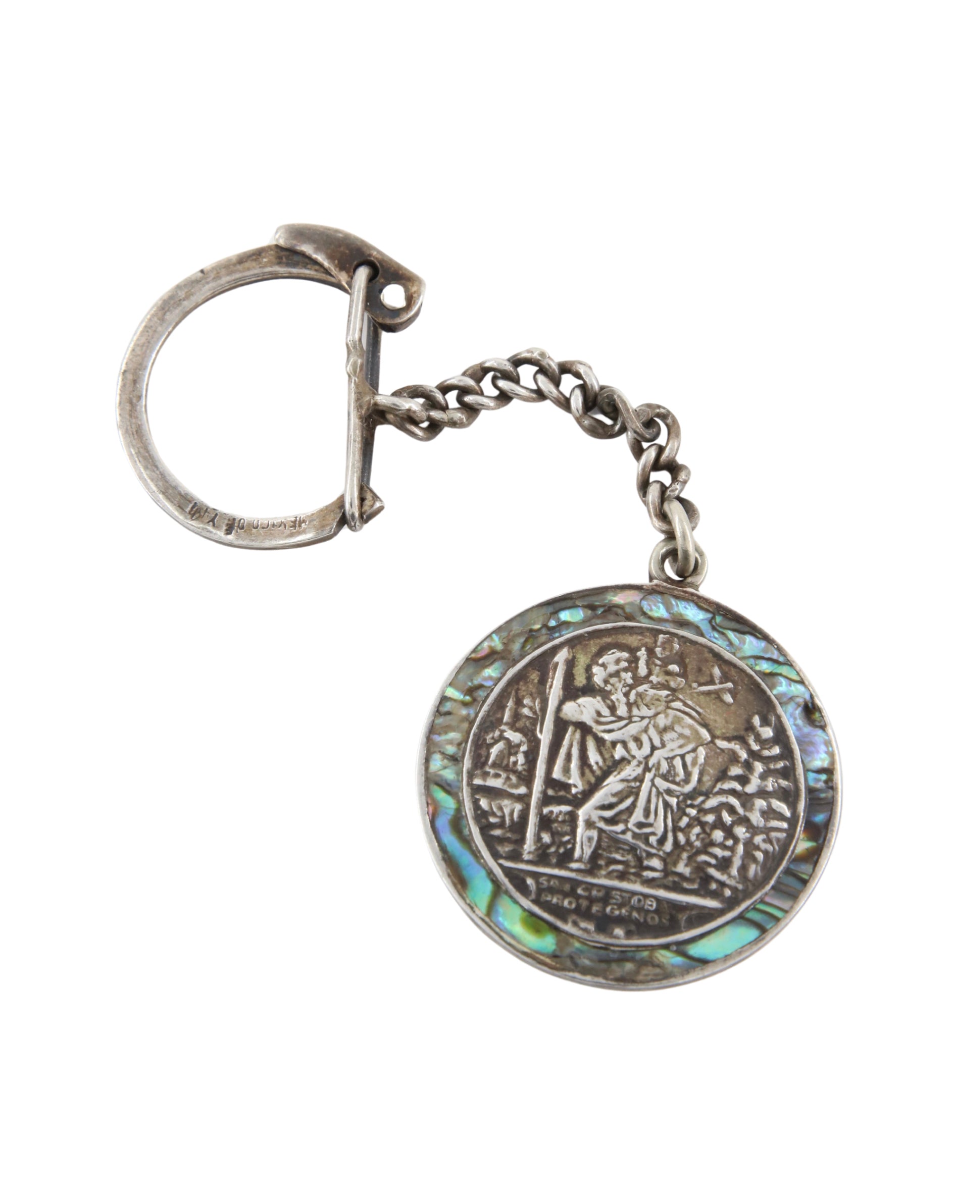 St Cristopher Keychain Sterling w Abalone 1950s