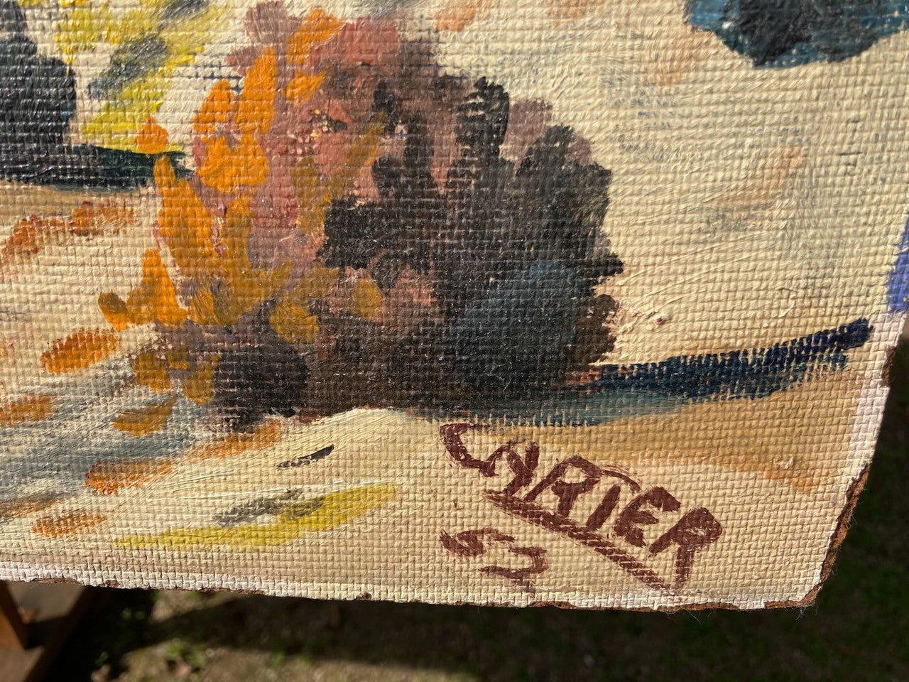 The upclose view of signature on the Alabama Hills (Lone Pine CA) Plein Air Painting from 1952.