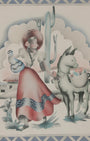 Alfred Terone Airbrush Painting on Paper Woman with Burro 1940s Vintage Close Up