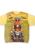Front view of vintage 1970s yellow knit shirt with all-over Honda motorcycle photo print.