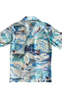Vintage 1970s all-over surfer print shirt in blue and white with short sleeves and button-up front. Back view.