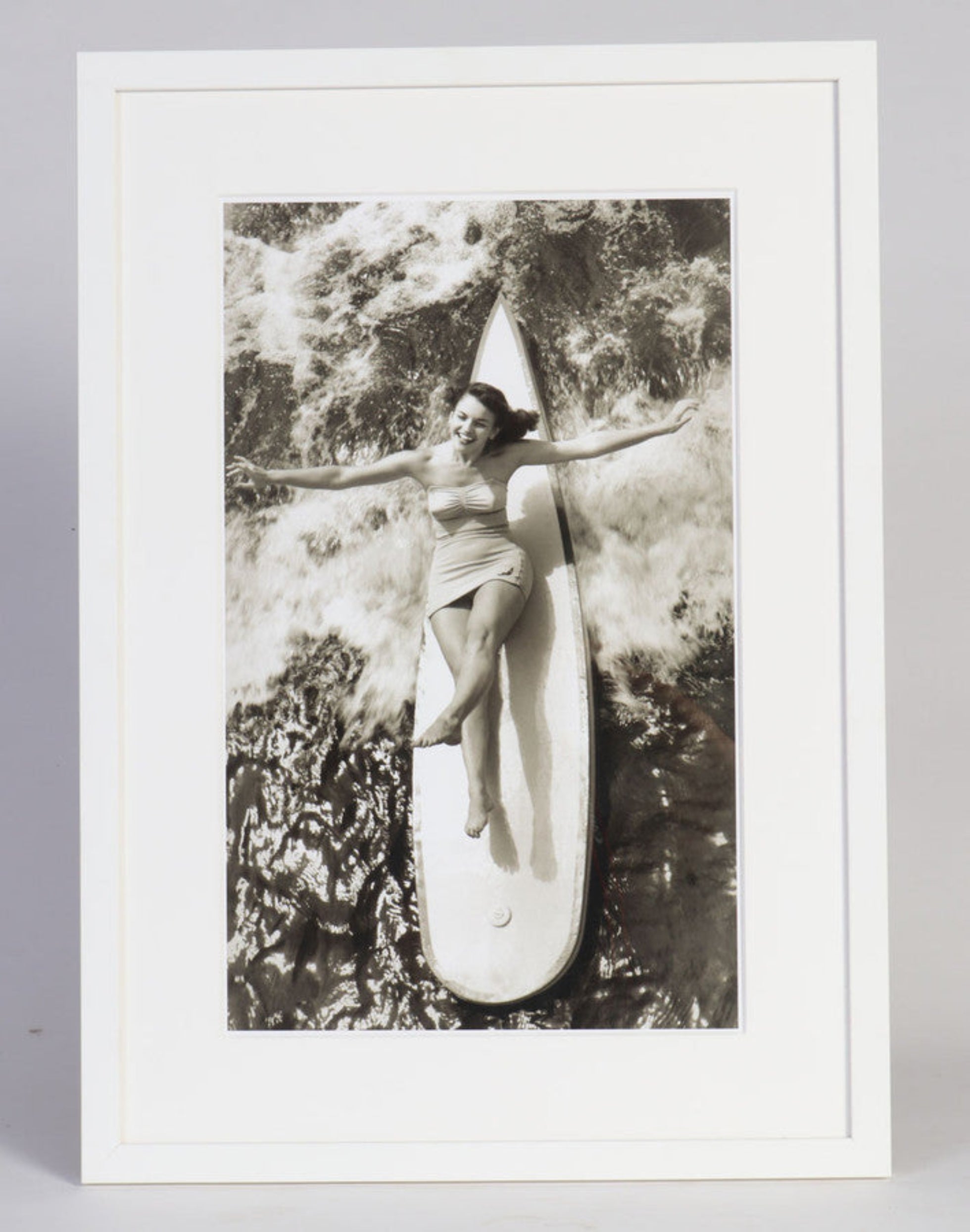 The full view of the Archival Surf Photo Catalina Surf Girl in the White Wood Frame.