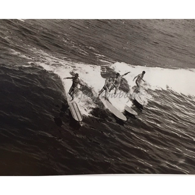 The full view of the Archival Surf Photo Four Wave Riders on Wood Boards Manhattan Beach c. 1930s.