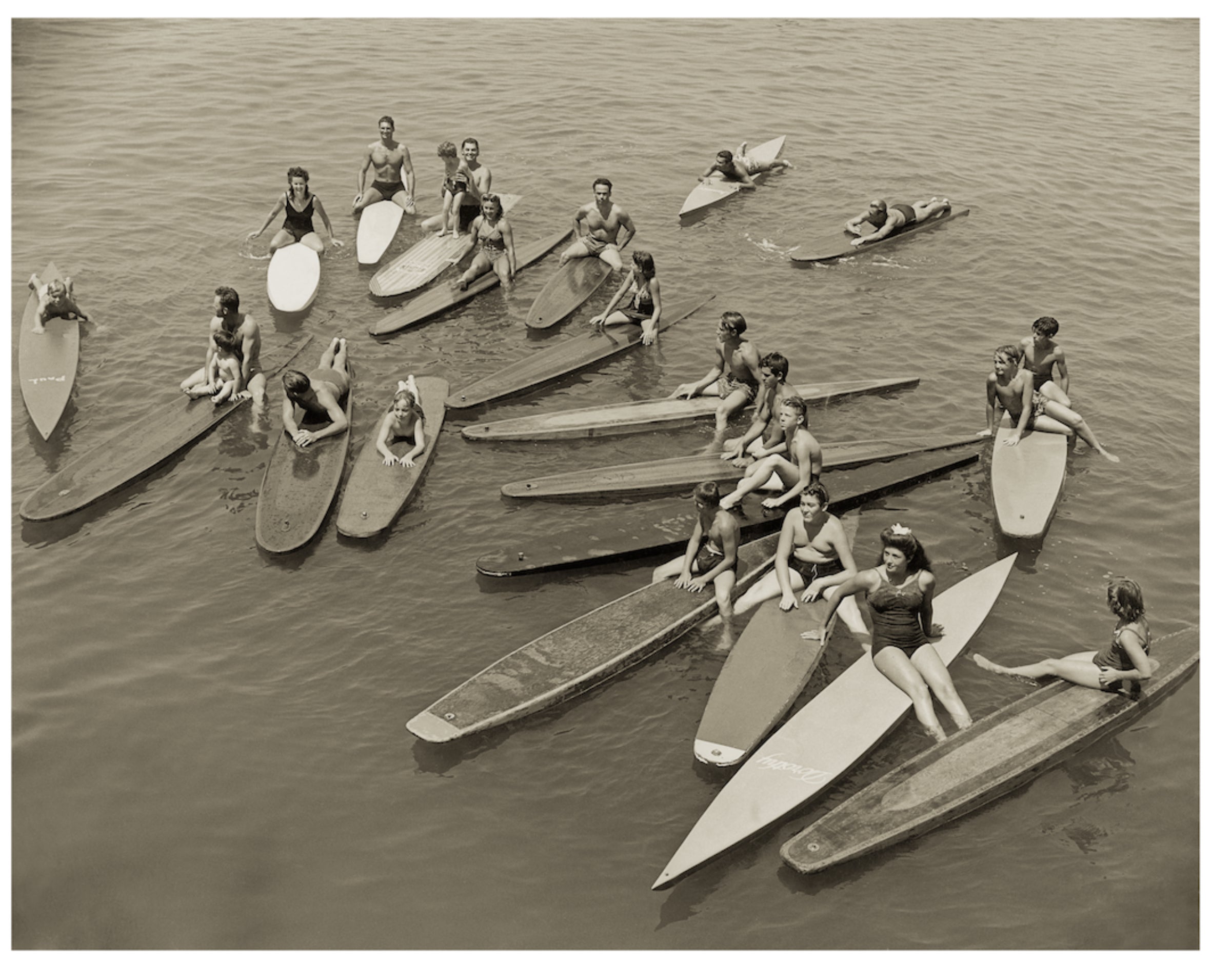 Archival Surf Photo Pier Posse Santa Monica Surf Paddleboard White Wood Frame 47 W x 38 H Full View