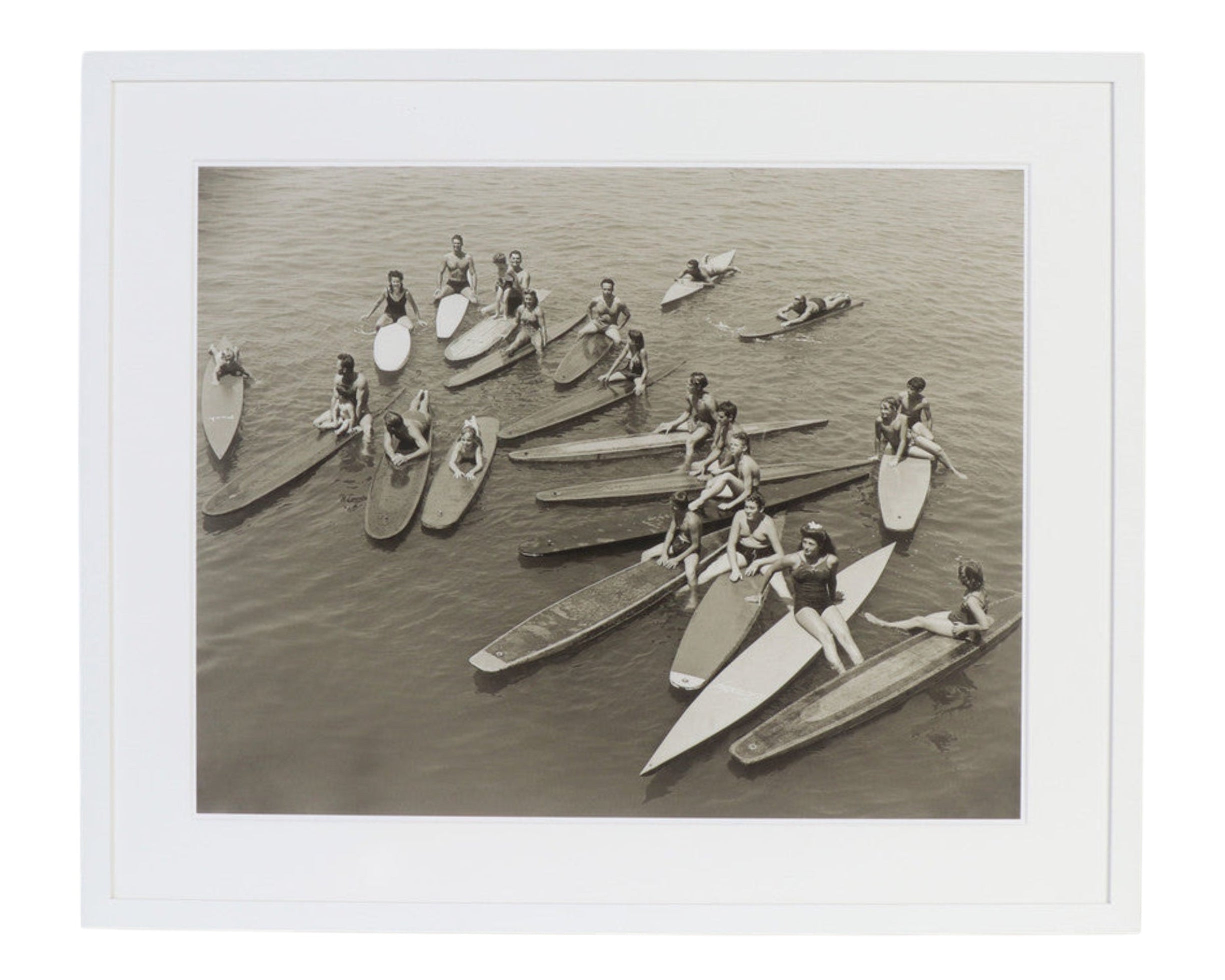 Archival Surf Photo Pier Posse Santa Monica Surf Paddleboard White Wood Frame 47 W x 38 H