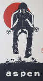 Area inside frame of Original silkscreen print in black with red accent on cream background. This rare ski poster features a forward view of an airborne skier in front of a vibrant red sun, pencil signed in the lower right. 