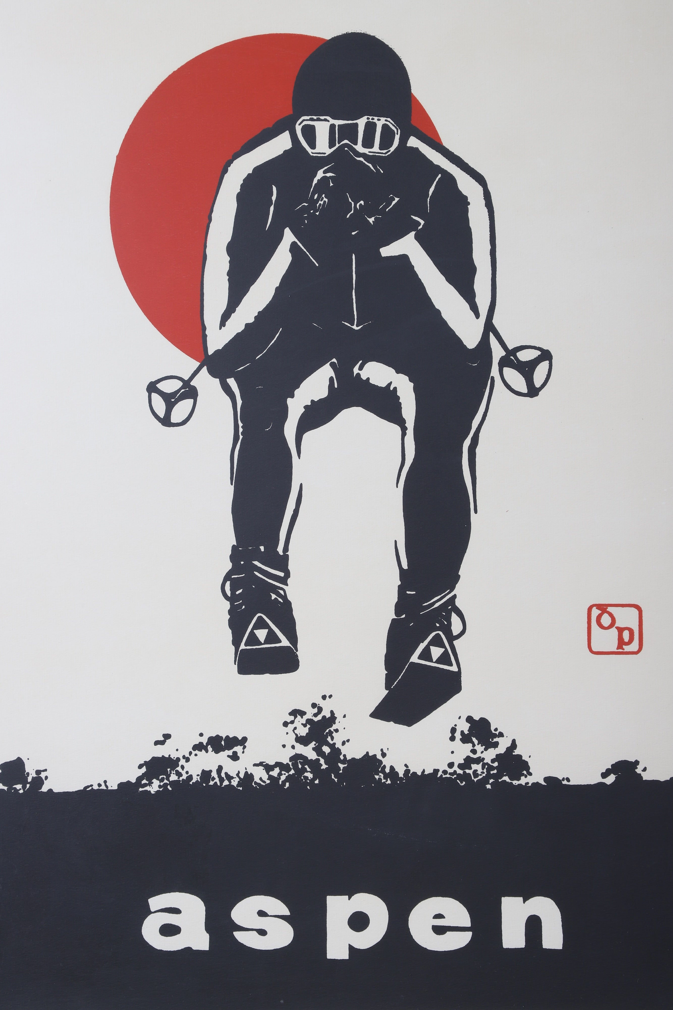 Area inside frame of Original silkscreen print in black with red accent on cream background. This rare ski poster features a forward view of an airborne skier in front of a vibrant red sun, pencil signed in the lower right. 