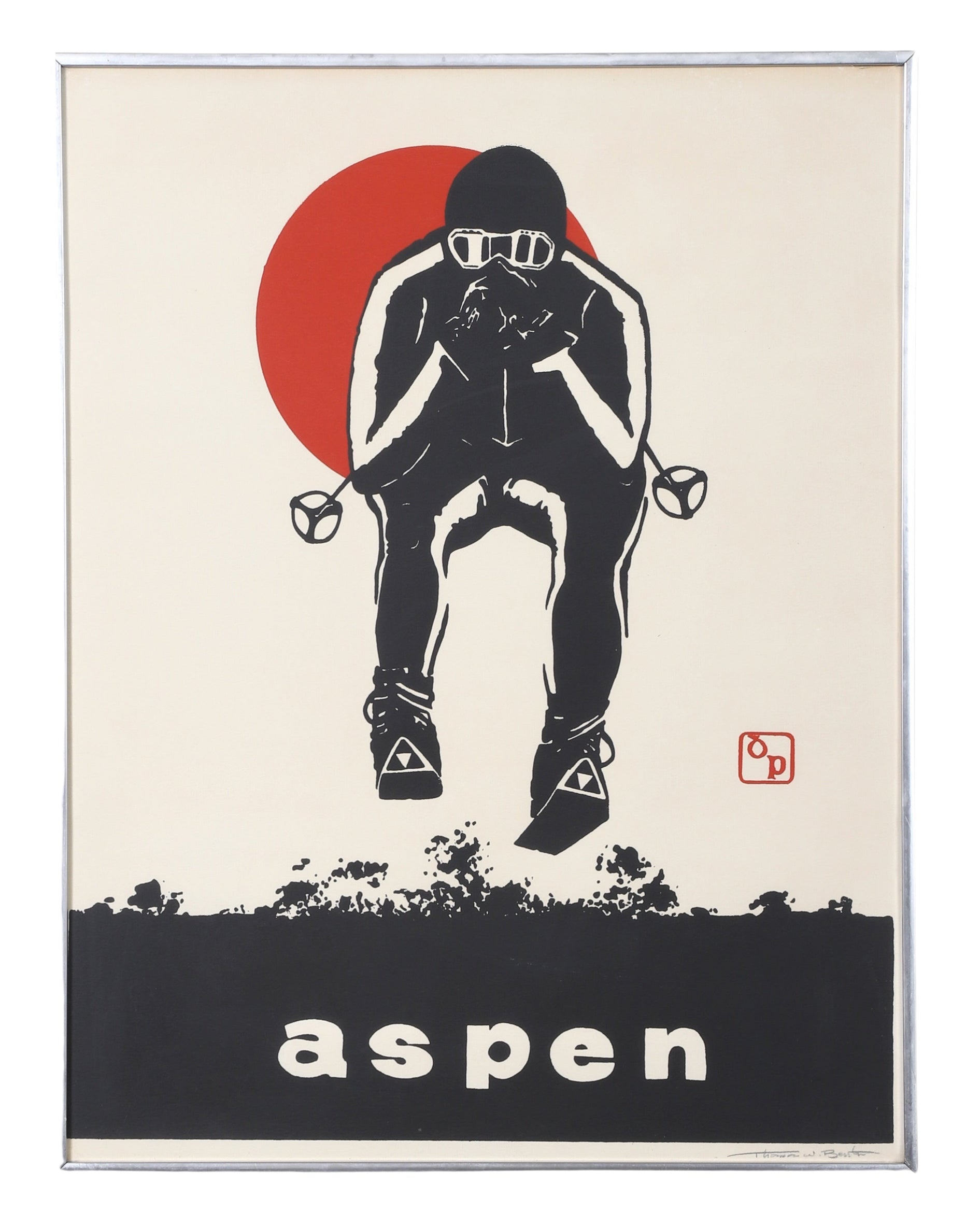 Original silkscreen print in black with red accent on cream background. This rare ski poster features a forward view of an airborne skier in front of a vibrant red sun, pencil signed in the lower right. Artwork dimension: 26 inches high x 20 inches wide, frame dimensions: 26.5 inches high x 20.25 inches wide.