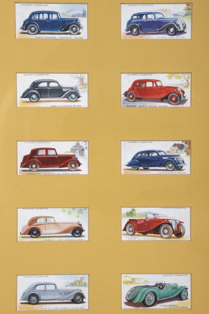 Automobile Cigarette Cards Collection with Maroon Matt and Oak Frame – England, 1930s