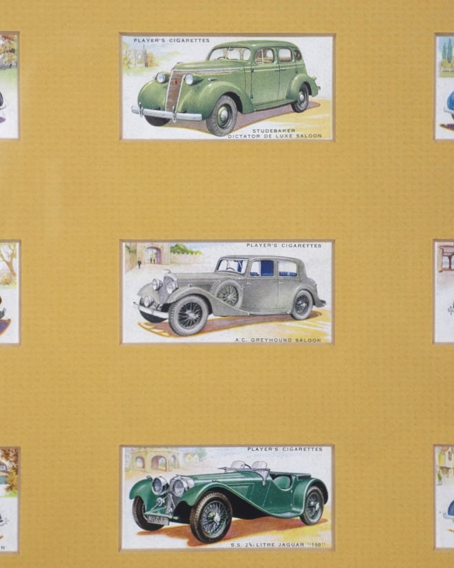 Automobile Cigarette Cards Collection with Maroon Matt and Oak Frame – England, 1930s